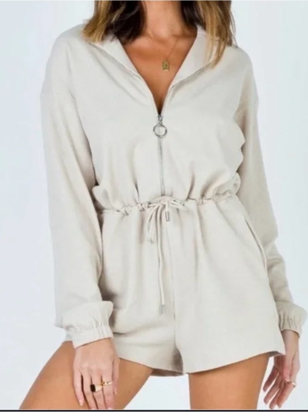 Princess Polly Beige Zip-Front Drawstring Romper Sz 6